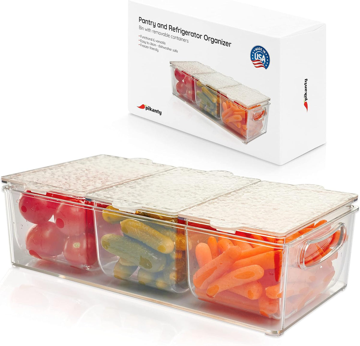 Clear Refrigerator Organizer Bin with Handles — 11 Inch Compact Stackable Fridge and Pantry Storage Container for Snacks, Yogurt, Condiments, Dishwasher Safe, Made in USA