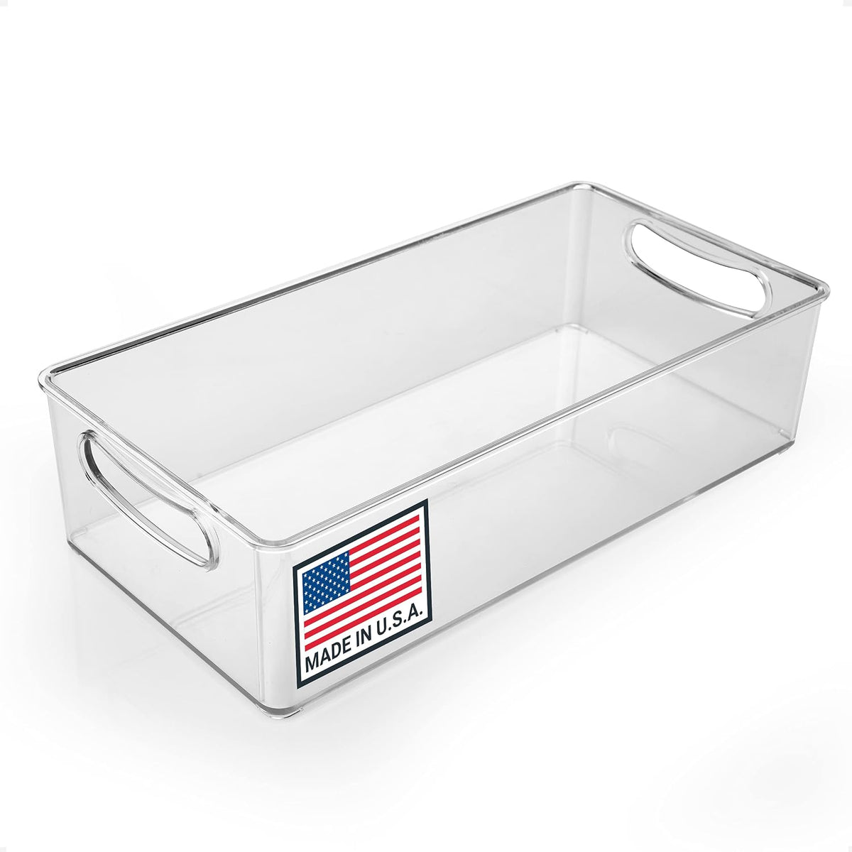 Clear Refrigerator Organizer Bin with Handles — 11 Inch Compact Stackable Fridge and Pantry Storage Container for Snacks, Yogurt, Condiments, Dishwasher Safe, Made in USA