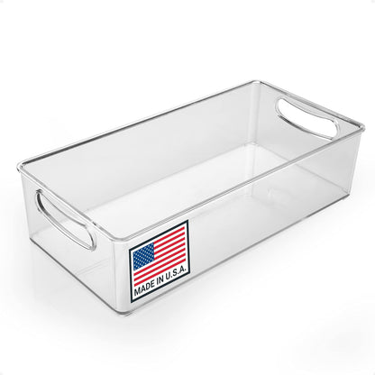 Clear Refrigerator Organizer Bin with Handles — 11 Inch Compact Stackable Fridge and Pantry Storage Container for Snacks, Yogurt, Condiments, Dishwasher Safe, Made in USA