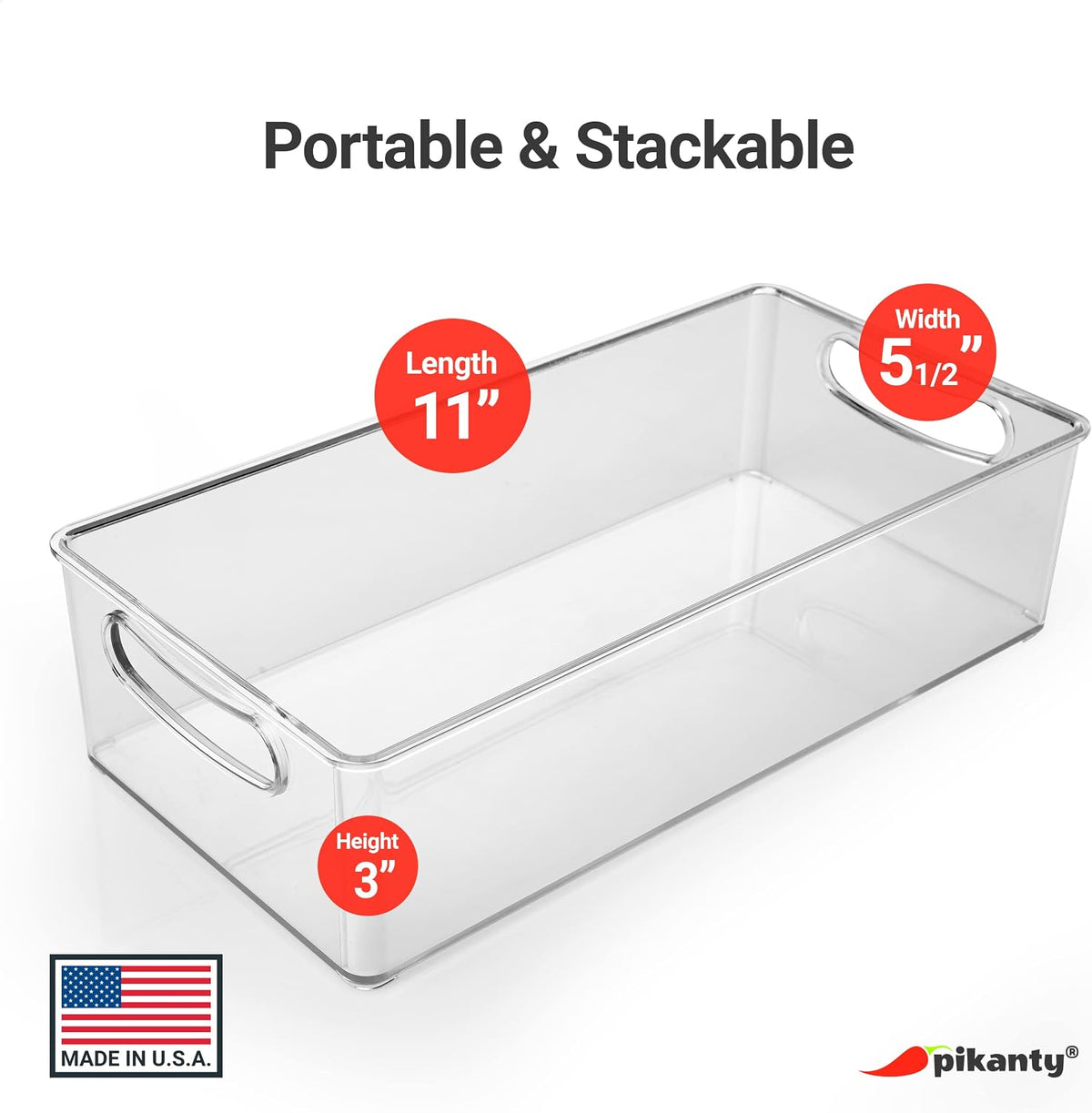 Clear Refrigerator Organizer Bin with Handles — 11 Inch Compact Stackable Fridge and Pantry Storage Container for Snacks, Yogurt, Condiments, Dishwasher Safe, Made in USA