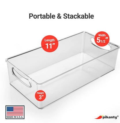 Clear Refrigerator Organizer Bin with Handles — 11 Inch Compact Stackable Fridge and Pantry Storage Container for Snacks, Yogurt, Condiments, Dishwasher Safe, Made in USA