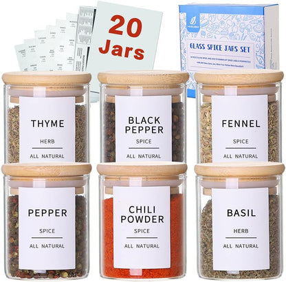Square Glass Spice Jars with Natural Bamboo Lids - 5oz Airtight Herb Containers with 148 Waterproof Minimalist Spice Labels Preprinted - Empty Small Seasoning Jars for Kitchen Pantry
