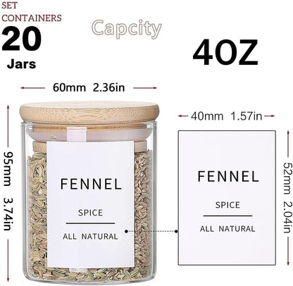 Square Glass Spice Jars with Natural Bamboo Lids - 5oz Airtight Herb Containers with 148 Waterproof Minimalist Spice Labels Preprinted - Empty Small Seasoning Jars for Kitchen Pantry