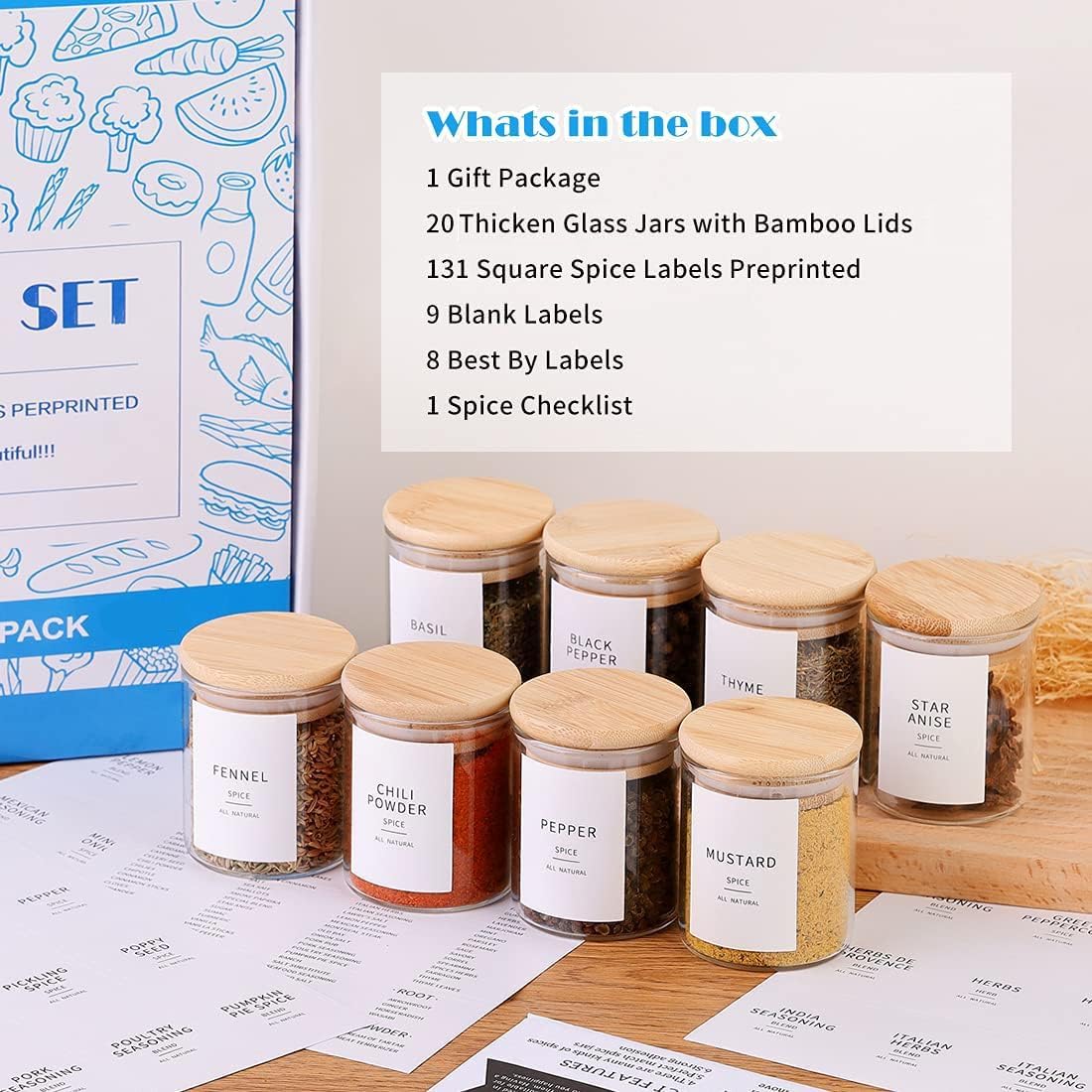 Square Glass Spice Jars with Natural Bamboo Lids - 5oz Airtight Herb Containers with 148 Waterproof Minimalist Spice Labels Preprinted - Empty Small Seasoning Jars for Kitchen Pantry
