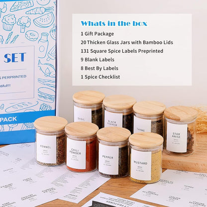 Square Glass Spice Jars with Natural Bamboo Lids - 5oz Airtight Herb Containers with 148 Waterproof Minimalist Spice Labels Preprinted - Empty Small Seasoning Jars for Kitchen Pantry