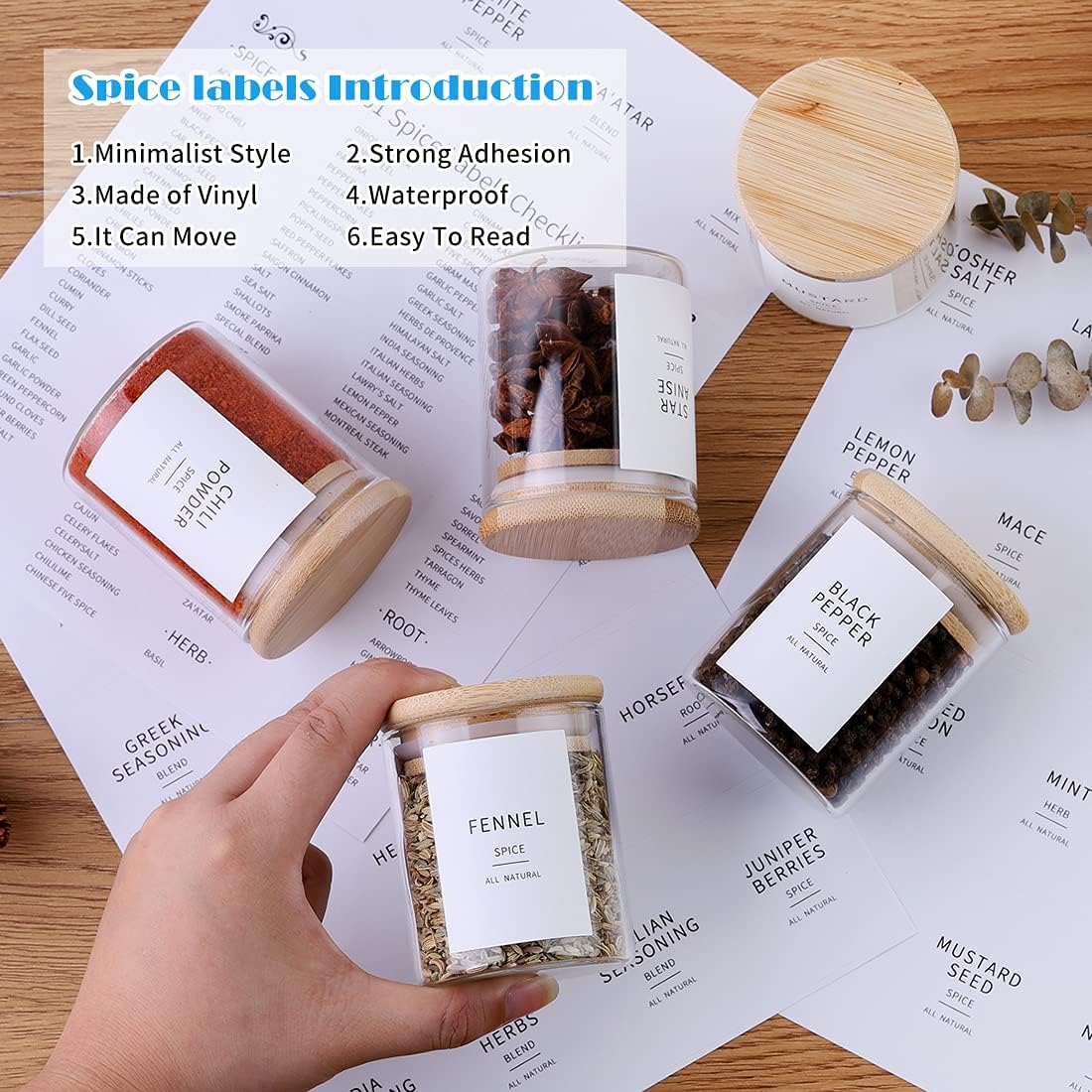 Square Glass Spice Jars with Natural Bamboo Lids - 5oz Airtight Herb Containers with 148 Waterproof Minimalist Spice Labels Preprinted - Empty Small Seasoning Jars for Kitchen Pantry
