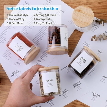 Square Glass Spice Jars with Natural Bamboo Lids - 5oz Airtight Herb Containers with 148 Waterproof Minimalist Spice Labels Preprinted - Empty Small Seasoning Jars for Kitchen Pantry