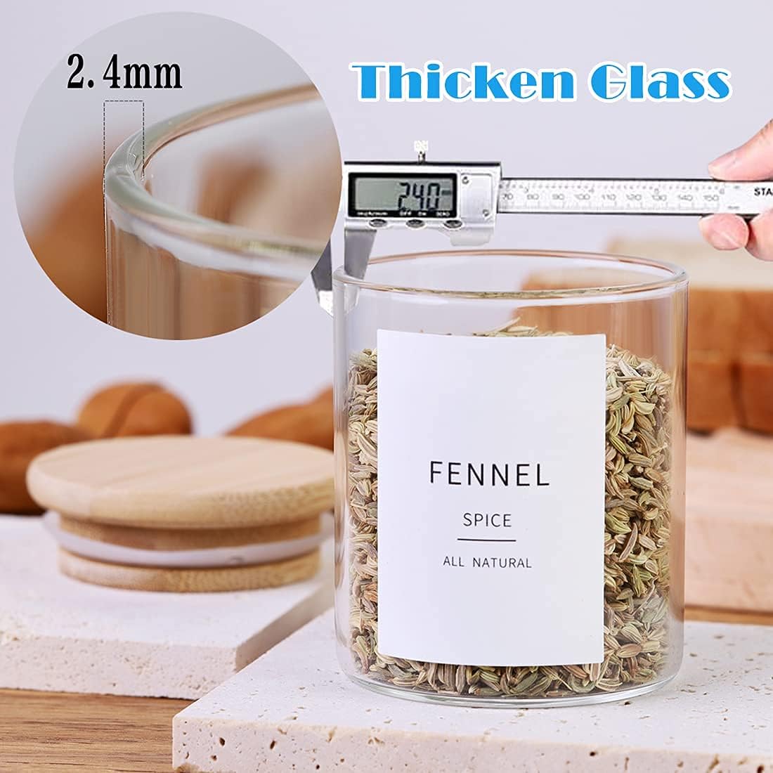 Square Glass Spice Jars with Natural Bamboo Lids - 5oz Airtight Herb Containers with 148 Waterproof Minimalist Spice Labels Preprinted - Empty Small Seasoning Jars for Kitchen Pantry