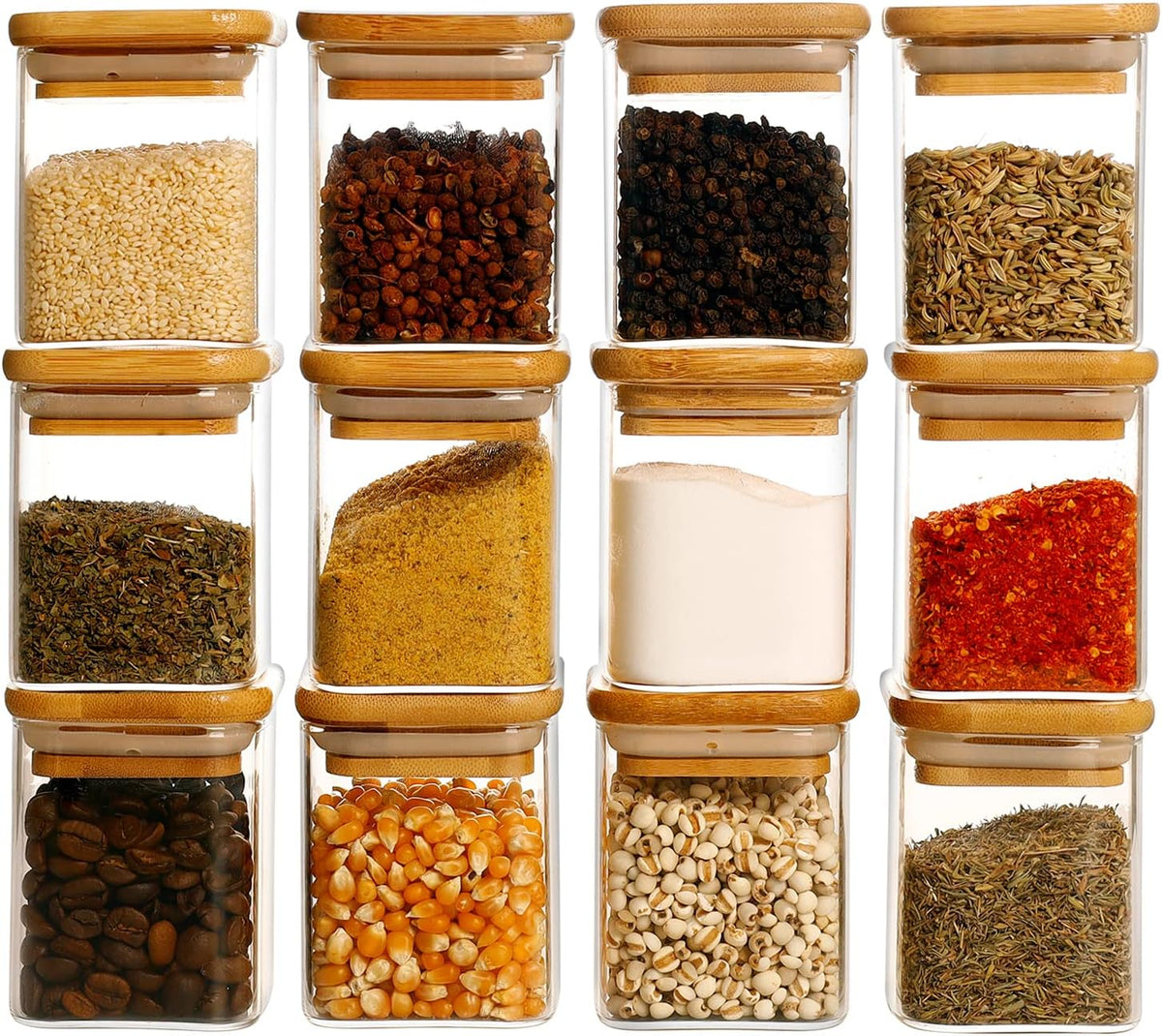 Square Glass Spice Jars with Natural Bamboo Lids - 5oz Airtight Herb Containers with 148 Waterproof Minimalist Spice Labels Preprinted - Empty Small Seasoning Jars for Kitchen Pantry