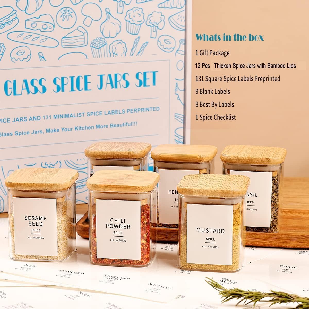 Square Glass Spice Jars with Natural Bamboo Lids - 5oz Airtight Herb Containers with 148 Waterproof Minimalist Spice Labels Preprinted - Empty Small Seasoning Jars for Kitchen Pantry