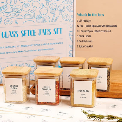 Square Glass Spice Jars with Natural Bamboo Lids - 5oz Airtight Herb Containers with 148 Waterproof Minimalist Spice Labels Preprinted - Empty Small Seasoning Jars for Kitchen Pantry