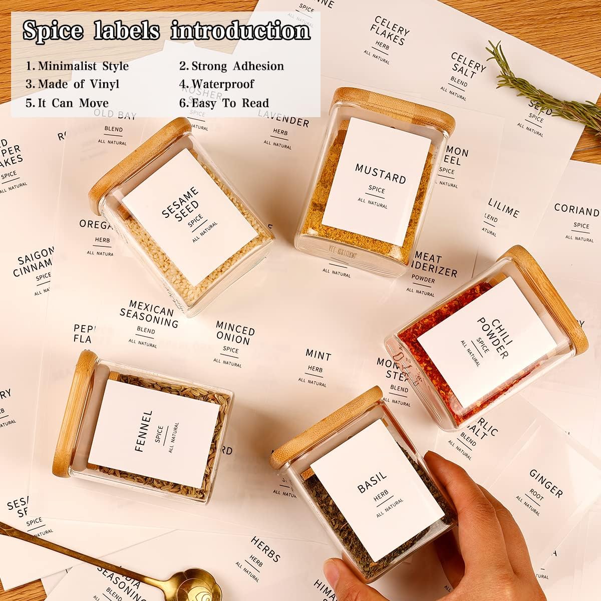 Square Glass Spice Jars with Natural Bamboo Lids - 5oz Airtight Herb Containers with 148 Waterproof Minimalist Spice Labels Preprinted - Empty Small Seasoning Jars for Kitchen Pantry