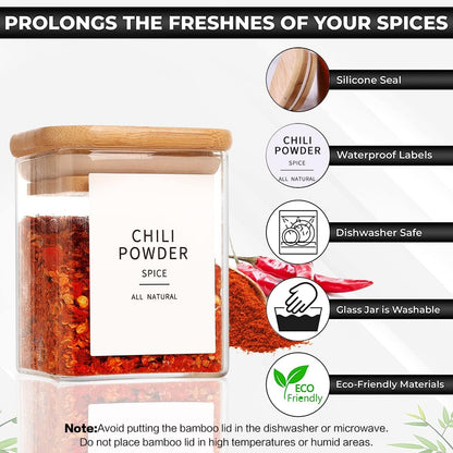 Square Glass Spice Jars with Natural Bamboo Lids - 5oz Airtight Herb Containers with 148 Waterproof Minimalist Spice Labels Preprinted - Empty Small Seasoning Jars for Kitchen Pantry