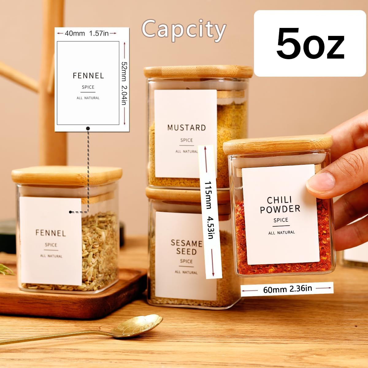 Square Glass Spice Jars with Natural Bamboo Lids - 5oz Airtight Herb Containers with 148 Waterproof Minimalist Spice Labels Preprinted - Empty Small Seasoning Jars for Kitchen Pantry