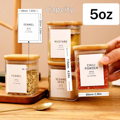 Square Glass Spice Jars with Natural Bamboo Lids - 5oz Airtight Herb Containers with 148 Waterproof Minimalist Spice Labels Preprinted - Empty Small Seasoning Jars for Kitchen Pantry