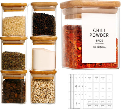 Square Glass Spice Jars with Natural Bamboo Lids - 5oz Airtight Herb Containers with 148 Waterproof Minimalist Spice Labels Preprinted - Empty Small Seasoning Jars for Kitchen Pantry