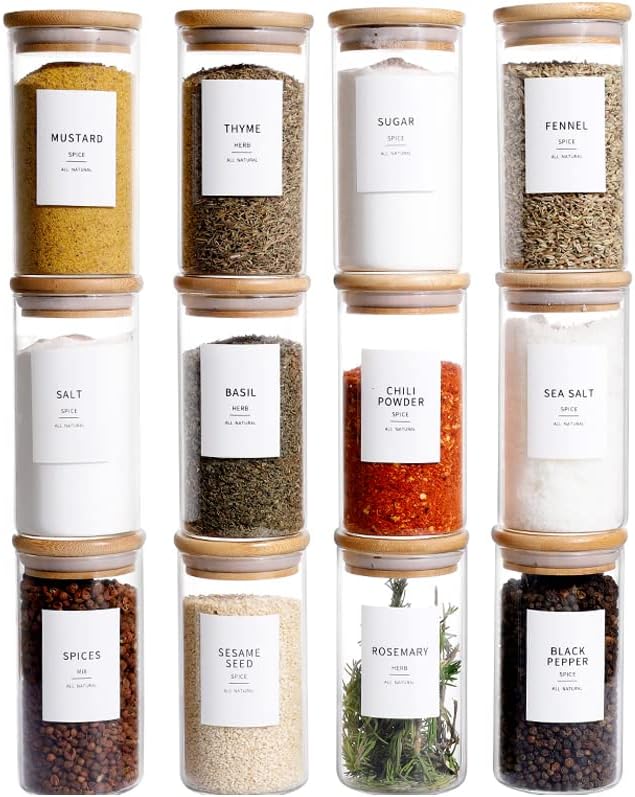 Square Glass Spice Jars with Natural Bamboo Lids - 5oz Airtight Herb Containers with 148 Waterproof Minimalist Spice Labels Preprinted - Empty Small Seasoning Jars for Kitchen Pantry