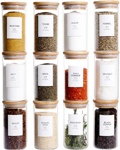 Square Glass Spice Jars with Natural Bamboo Lids - 5oz Airtight Herb Containers with 148 Waterproof Minimalist Spice Labels Preprinted - Empty Small Seasoning Jars for Kitchen Pantry