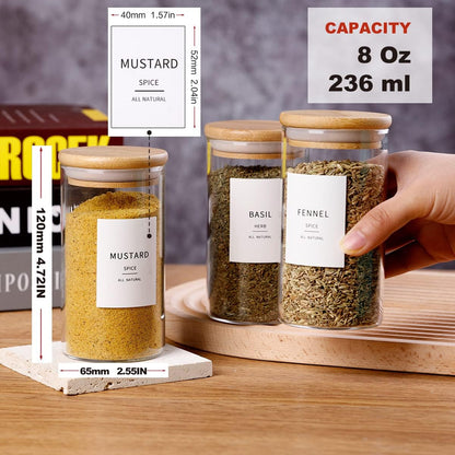 Square Glass Spice Jars with Natural Bamboo Lids - 5oz Airtight Herb Containers with 148 Waterproof Minimalist Spice Labels Preprinted - Empty Small Seasoning Jars for Kitchen Pantry