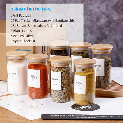 Square Glass Spice Jars with Natural Bamboo Lids - 5oz Airtight Herb Containers with 148 Waterproof Minimalist Spice Labels Preprinted - Empty Small Seasoning Jars for Kitchen Pantry