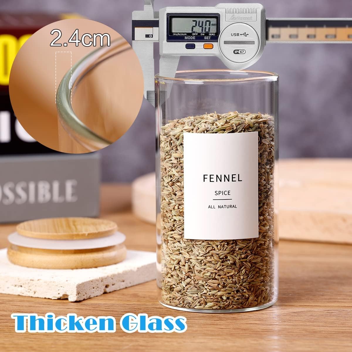 Square Glass Spice Jars with Natural Bamboo Lids - 5oz Airtight Herb Containers with 148 Waterproof Minimalist Spice Labels Preprinted - Empty Small Seasoning Jars for Kitchen Pantry