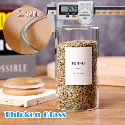 Square Glass Spice Jars with Natural Bamboo Lids - 5oz Airtight Herb Containers with 148 Waterproof Minimalist Spice Labels Preprinted - Empty Small Seasoning Jars for Kitchen Pantry