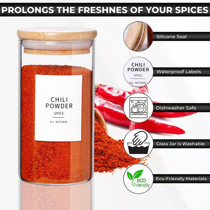 Square Glass Spice Jars with Natural Bamboo Lids - 5oz Airtight Herb Containers with 148 Waterproof Minimalist Spice Labels Preprinted - Empty Small Seasoning Jars for Kitchen Pantry