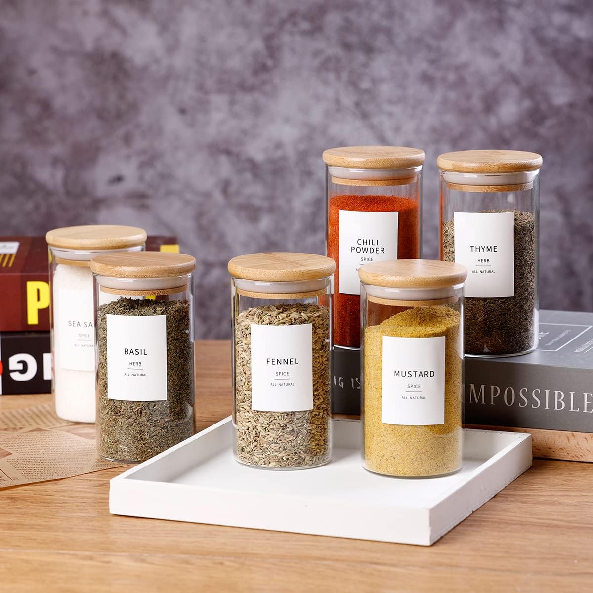 Square Glass Spice Jars with Natural Bamboo Lids - 5oz Airtight Herb Containers with 148 Waterproof Minimalist Spice Labels Preprinted - Empty Small Seasoning Jars for Kitchen Pantry