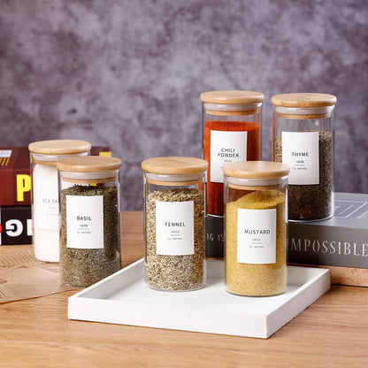 Square Glass Spice Jars with Natural Bamboo Lids - 5oz Airtight Herb Containers with 148 Waterproof Minimalist Spice Labels Preprinted - Empty Small Seasoning Jars for Kitchen Pantry