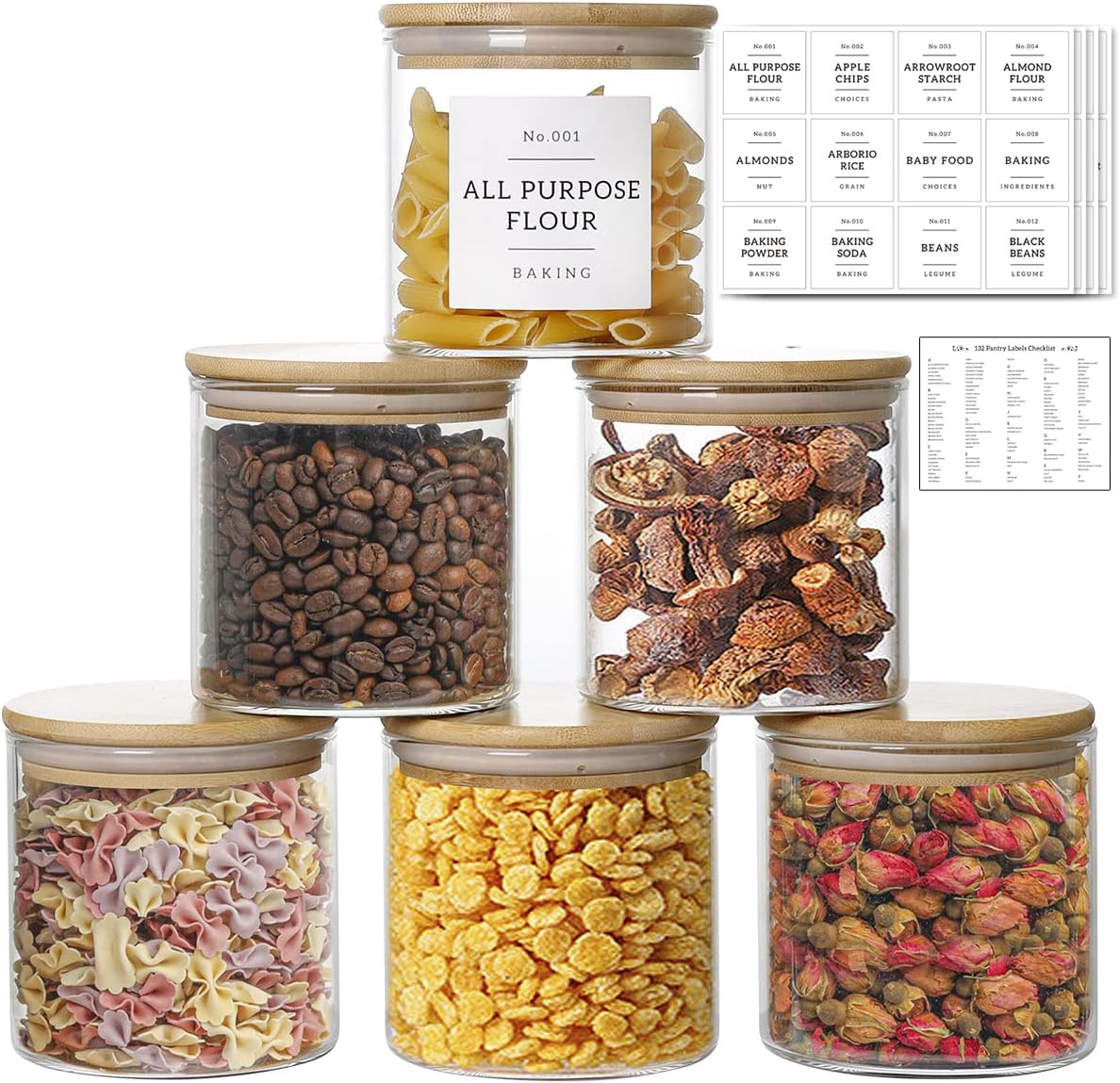 Square Glass Spice Jars with Natural Bamboo Lids - 5oz Airtight Herb Containers with 148 Waterproof Minimalist Spice Labels Preprinted - Empty Small Seasoning Jars for Kitchen Pantry