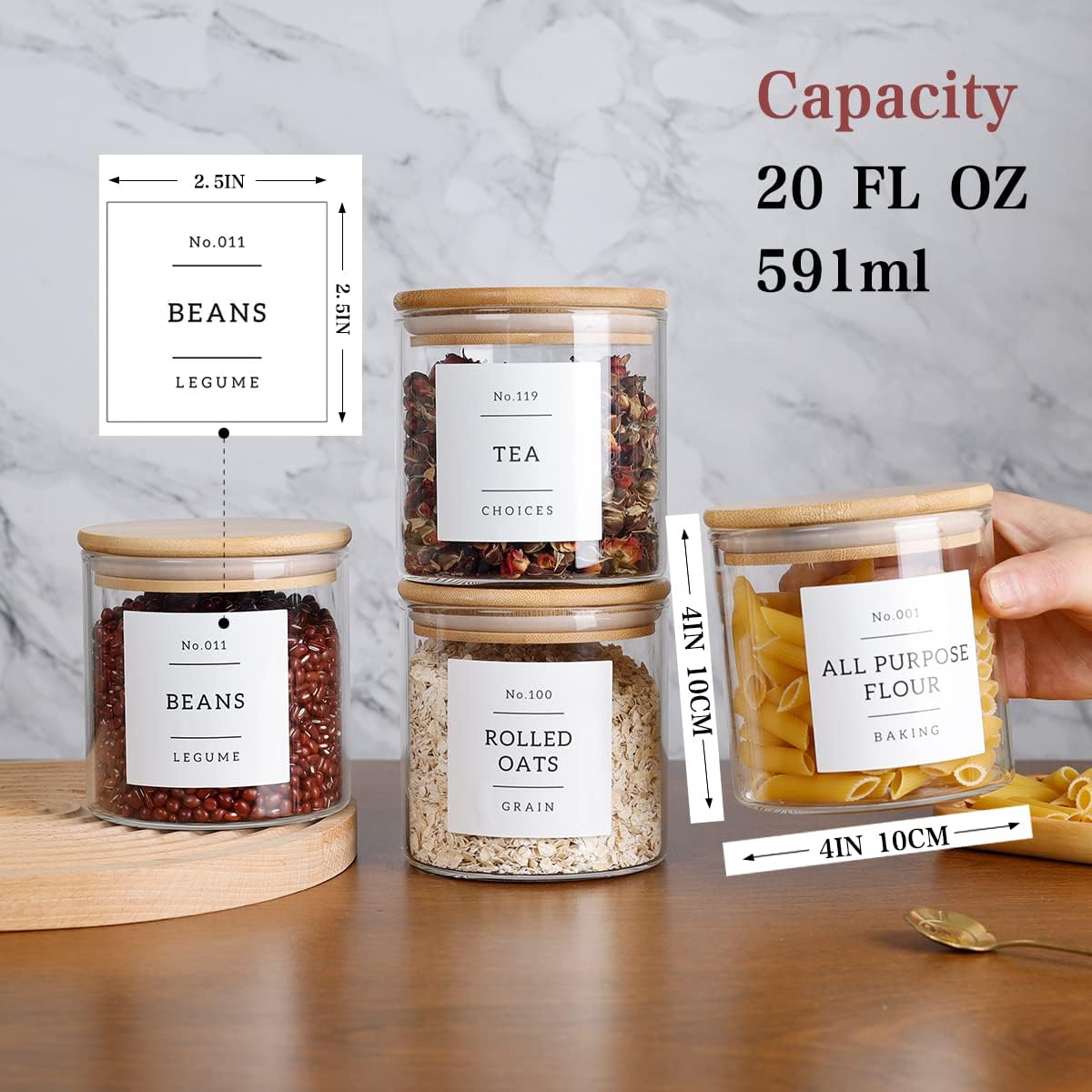 Square Glass Spice Jars with Natural Bamboo Lids - 5oz Airtight Herb Containers with 148 Waterproof Minimalist Spice Labels Preprinted - Empty Small Seasoning Jars for Kitchen Pantry