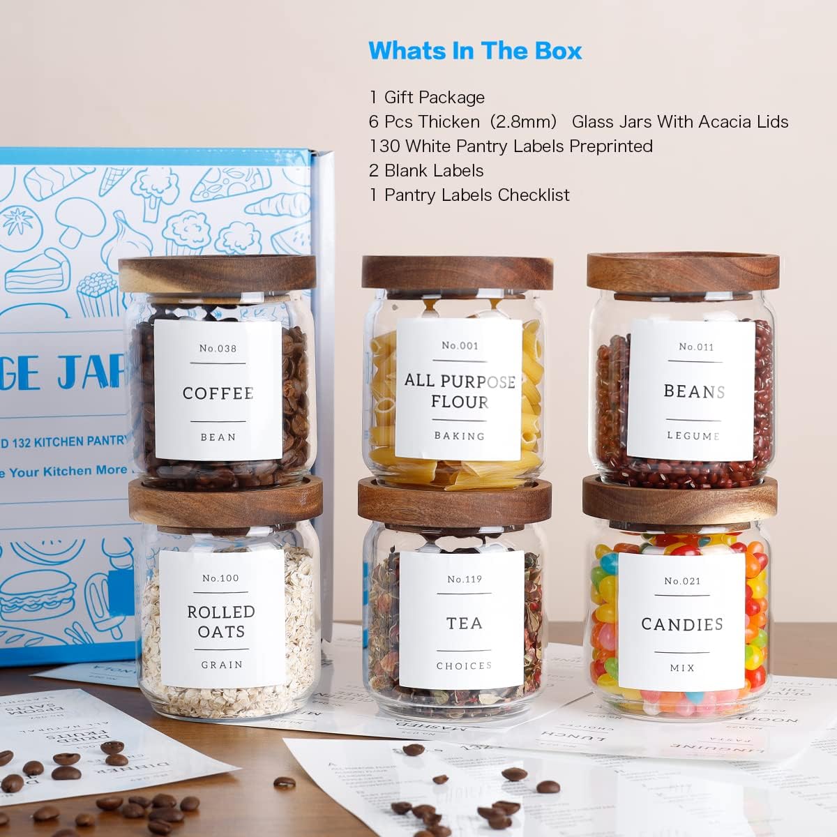 Square Glass Spice Jars with Natural Bamboo Lids - 5oz Airtight Herb Containers with 148 Waterproof Minimalist Spice Labels Preprinted - Empty Small Seasoning Jars for Kitchen Pantry