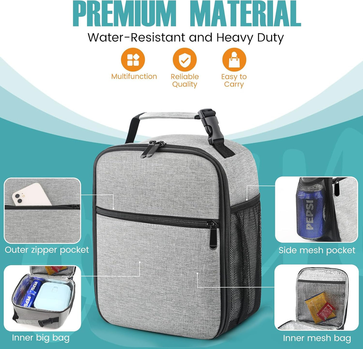 Lunch Bag for Men/Women, Reusable Lunchbox for Adult, Small Insulated Lunch box, Lunch Tote Bag for Office, Work, Picnic - Grey