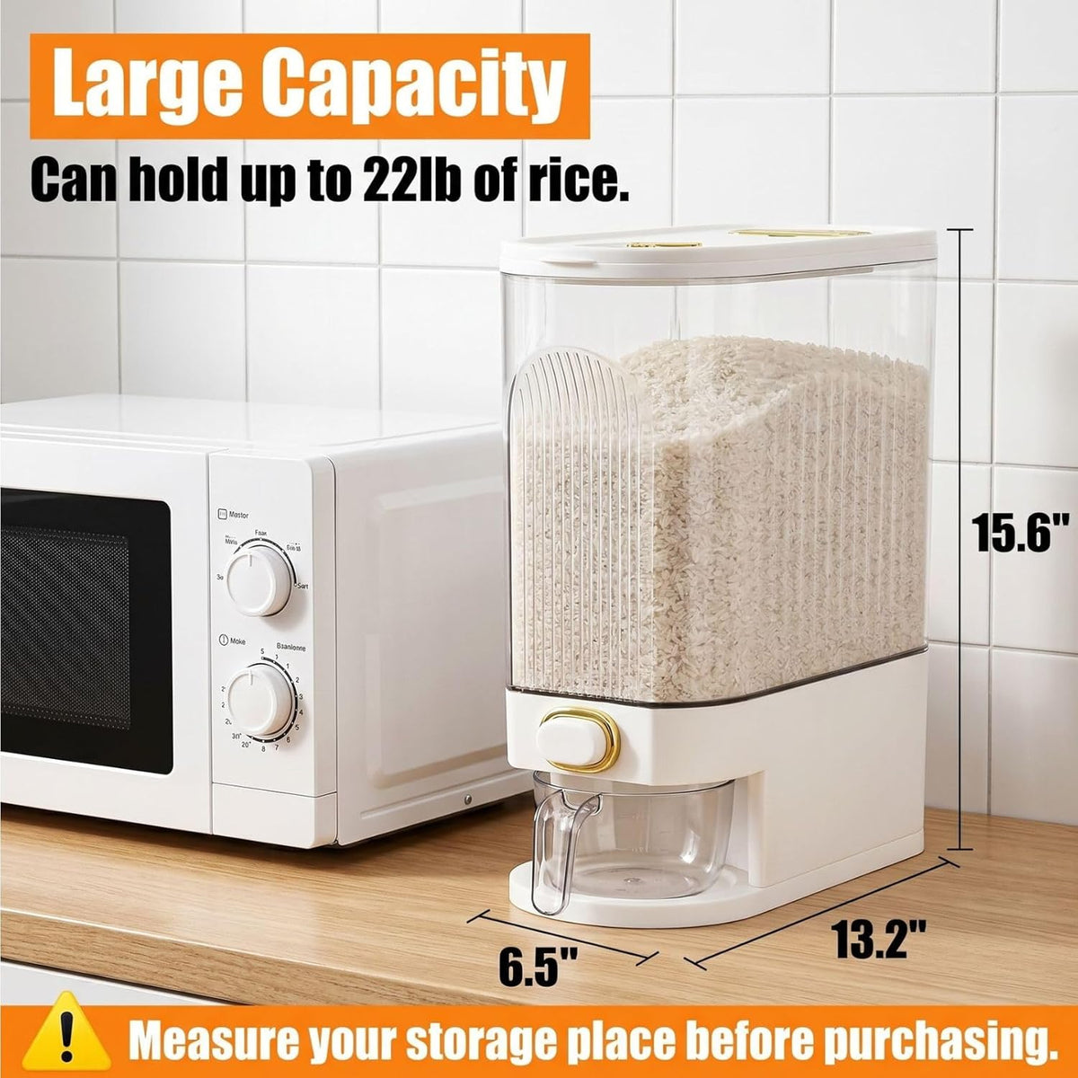 Clear Rice Holder Dispenser, 22 Lbs Large Grain Storage Container with Measuring Cup, Cylinder Household Food Dispenser Bucket Kitchen Organization for Cereal Oatmeal Coffee Bean Soybean Corn
