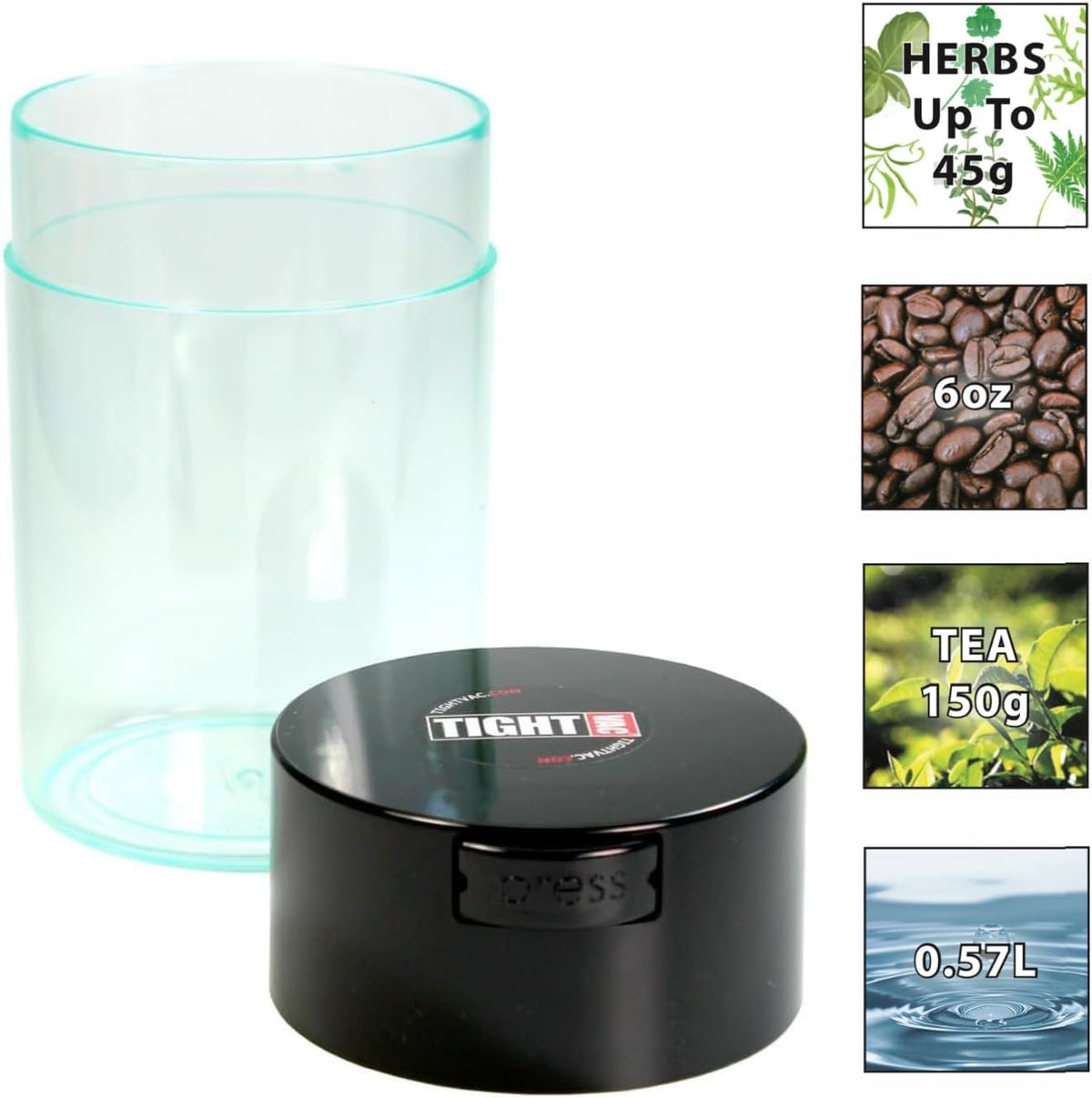 Tightvac 1 to 6 Ounce Airtight Container - Multi-use Storage Container for Herbs, Coffee and Dry Goods, Patented Vacuum Seal Airtight Containers, Black