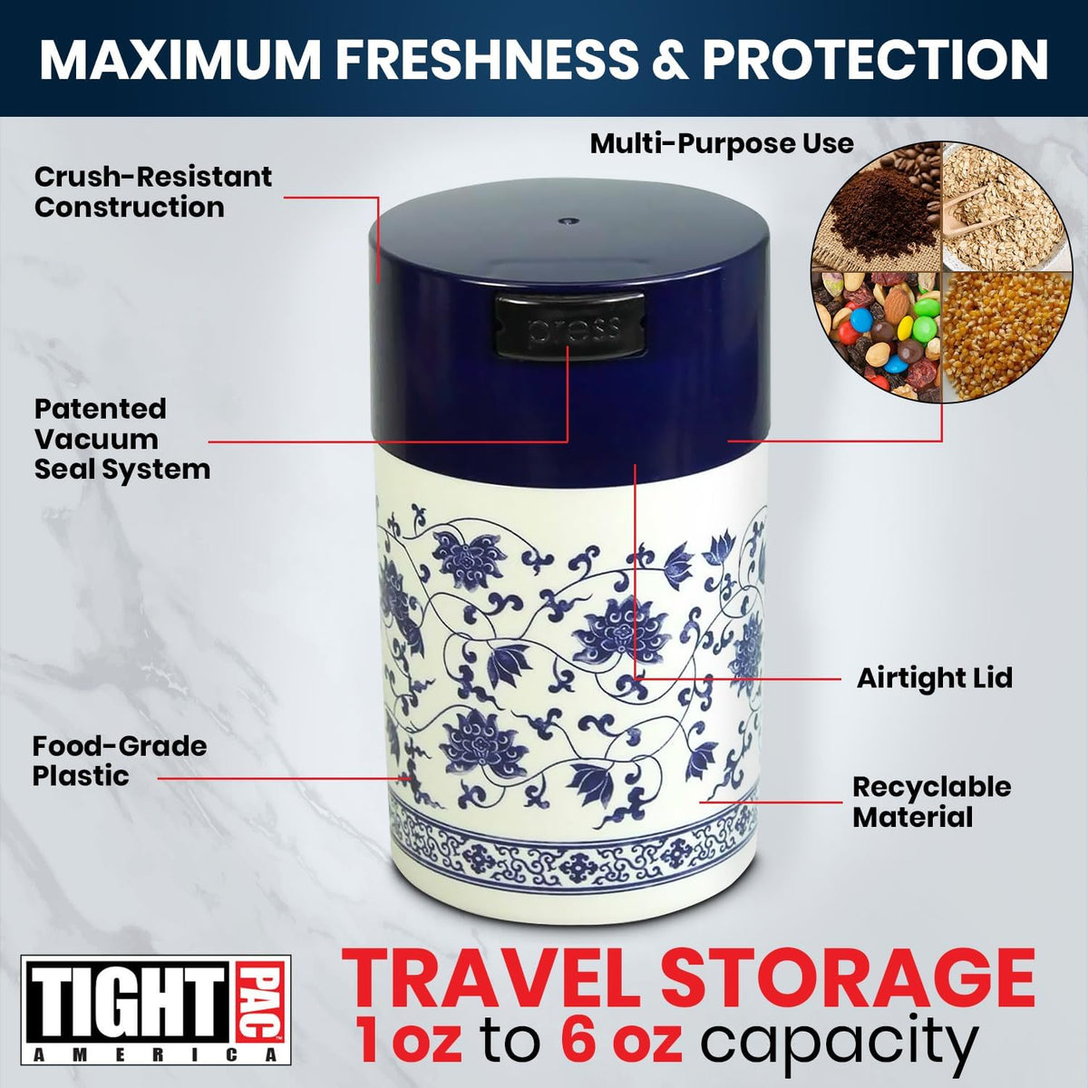 Tightvac 1 to 6 Ounce Airtight Container - Multi-use Storage Container for Herbs, Coffee and Dry Goods, Patented Vacuum Seal Airtight Containers, Black