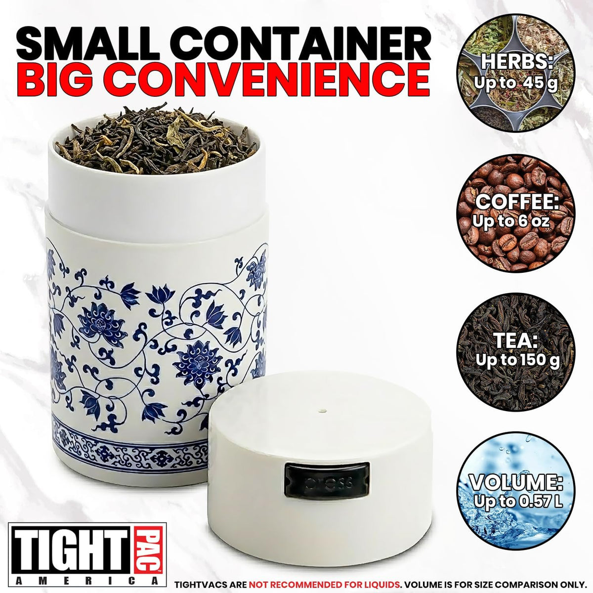 Tightvac 1 to 6 Ounce Airtight Container - Multi-use Storage Container for Herbs, Coffee and Dry Goods, Patented Vacuum Seal Airtight Containers, Black