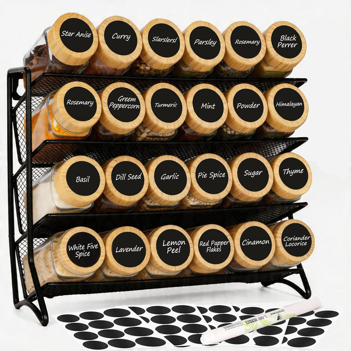 Spice Rack Organizer with 24 Glass Jars and 60 Labels, 4-Tier Seasoning Organizer for Cabinet, Countertop, Pantry or Wall Mount, Rust-Resistant Carbon Steel Spice Jar Set with Marker