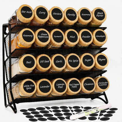 Spice Rack Organizer with 24 Glass Jars and 60 Labels, 4-Tier Seasoning Organizer for Cabinet, Countertop, Pantry or Wall Mount, Rust-Resistant Carbon Steel Spice Jar Set with Marker