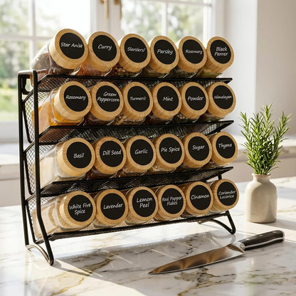 Spice Rack Organizer with 24 Glass Jars and 60 Labels, 4-Tier Seasoning Organizer for Cabinet, Countertop, Pantry or Wall Mount, Rust-Resistant Carbon Steel Spice Jar Set with Marker