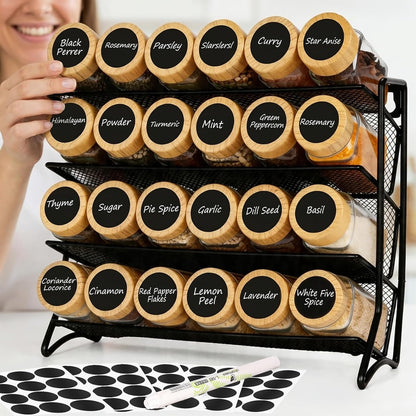 Spice Rack Organizer with 24 Glass Jars and 60 Labels, 4-Tier Seasoning Organizer for Cabinet, Countertop, Pantry or Wall Mount, Rust-Resistant Carbon Steel Spice Jar Set with Marker