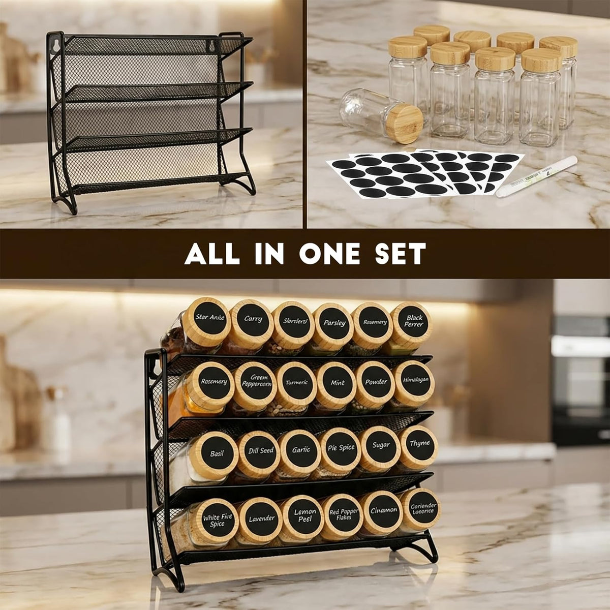 Spice Rack Organizer with 24 Glass Jars and 60 Labels, 4-Tier Seasoning Organizer for Cabinet, Countertop, Pantry or Wall Mount, Rust-Resistant Carbon Steel Spice Jar Set with Marker
