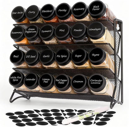 Spice Rack Organizer with 24 Glass Jars and 60 Labels, 4-Tier Seasoning Organizer for Cabinet, Countertop, Pantry or Wall Mount, Rust-Resistant Carbon Steel Spice Jar Set with Marker