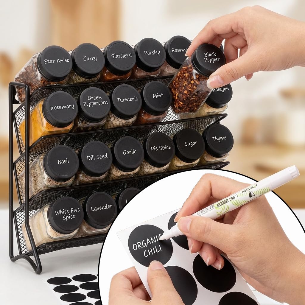 Spice Rack Organizer with 24 Glass Jars and 60 Labels, 4-Tier Seasoning Organizer for Cabinet, Countertop, Pantry or Wall Mount, Rust-Resistant Carbon Steel Spice Jar Set with Marker