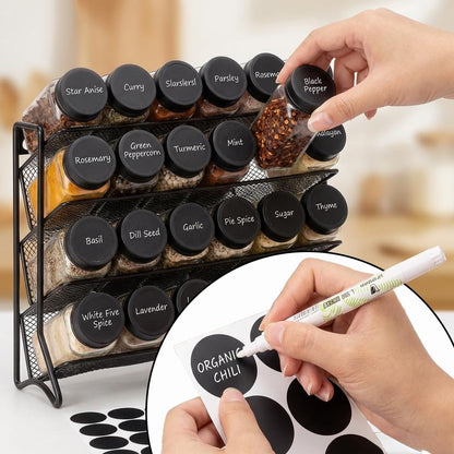 Spice Rack Organizer with 24 Glass Jars and 60 Labels, 4-Tier Seasoning Organizer for Cabinet, Countertop, Pantry or Wall Mount, Rust-Resistant Carbon Steel Spice Jar Set with Marker