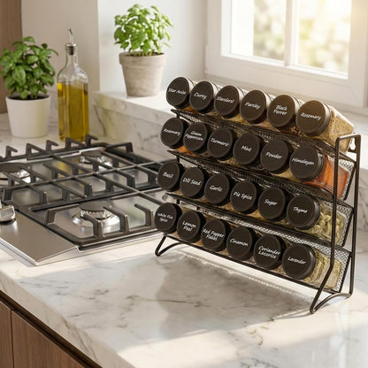 Spice Rack Organizer with 24 Glass Jars and 60 Labels, 4-Tier Seasoning Organizer for Cabinet, Countertop, Pantry or Wall Mount, Rust-Resistant Carbon Steel Spice Jar Set with Marker
