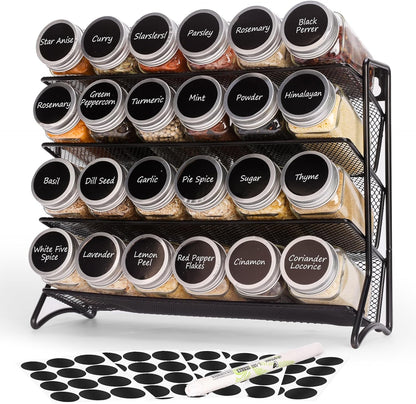 Spice Rack Organizer with 24 Glass Jars and 60 Labels, 4-Tier Seasoning Organizer for Cabinet, Countertop, Pantry or Wall Mount, Rust-Resistant Carbon Steel Spice Jar Set with Marker