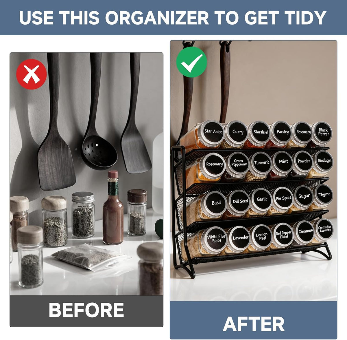 Spice Rack Organizer with 24 Glass Jars and 60 Labels, 4-Tier Seasoning Organizer for Cabinet, Countertop, Pantry or Wall Mount, Rust-Resistant Carbon Steel Spice Jar Set with Marker