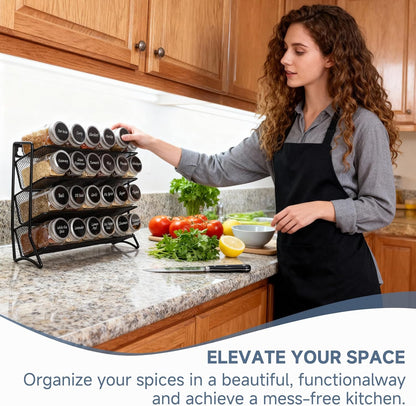 Spice Rack Organizer with 24 Glass Jars and 60 Labels, 4-Tier Seasoning Organizer for Cabinet, Countertop, Pantry or Wall Mount, Rust-Resistant Carbon Steel Spice Jar Set with Marker