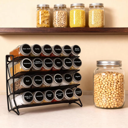 Spice Rack Organizer with 24 Glass Jars and 60 Labels, 4-Tier Seasoning Organizer for Cabinet, Countertop, Pantry or Wall Mount, Rust-Resistant Carbon Steel Spice Jar Set with Marker